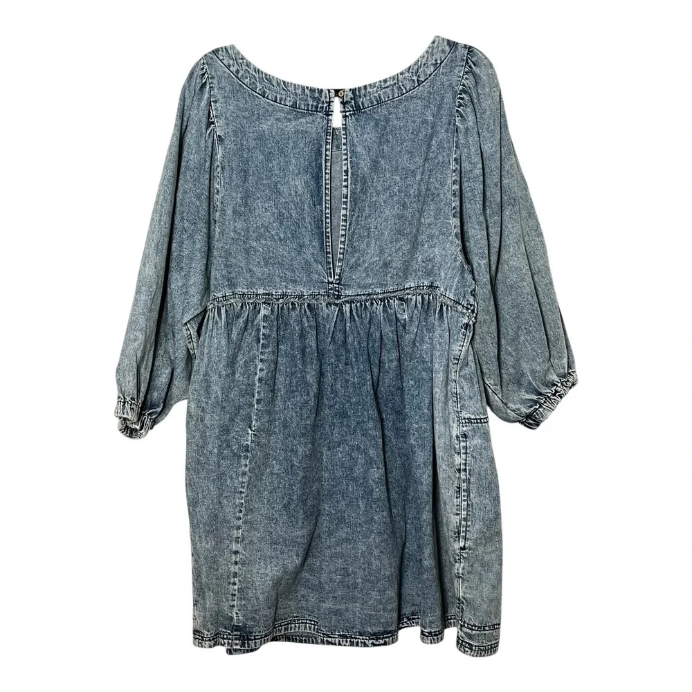 Free People Acid Wash Denim Babydoll Mini Dress Blue Balloon Sleeve Large